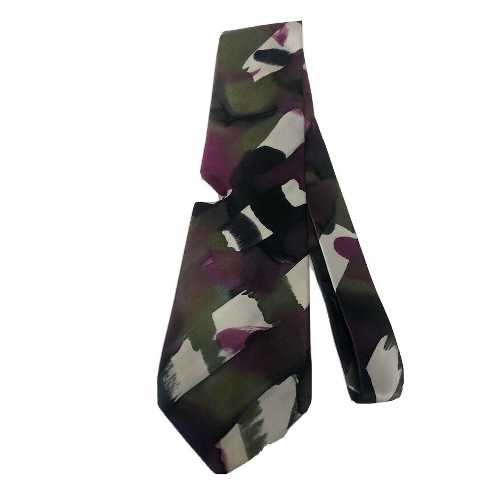 Caumont Men's Neck Tie Purple, Green & White Abstract 57" x 3.75" 100% Silk